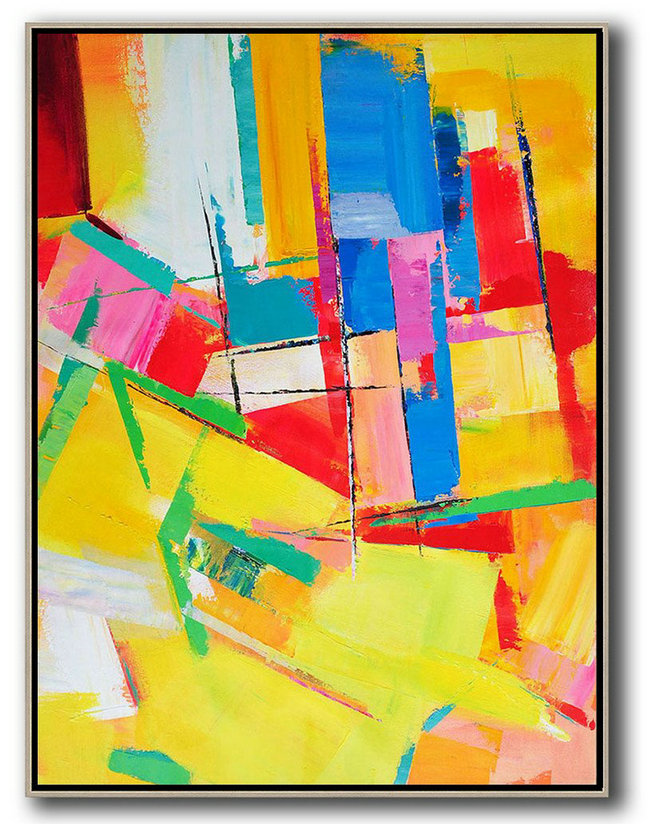 Large Abstract Painting,Vertical Palette Knife Contemporary Art,Hand Paint Large Art Yellow,Red,Blue,Purple